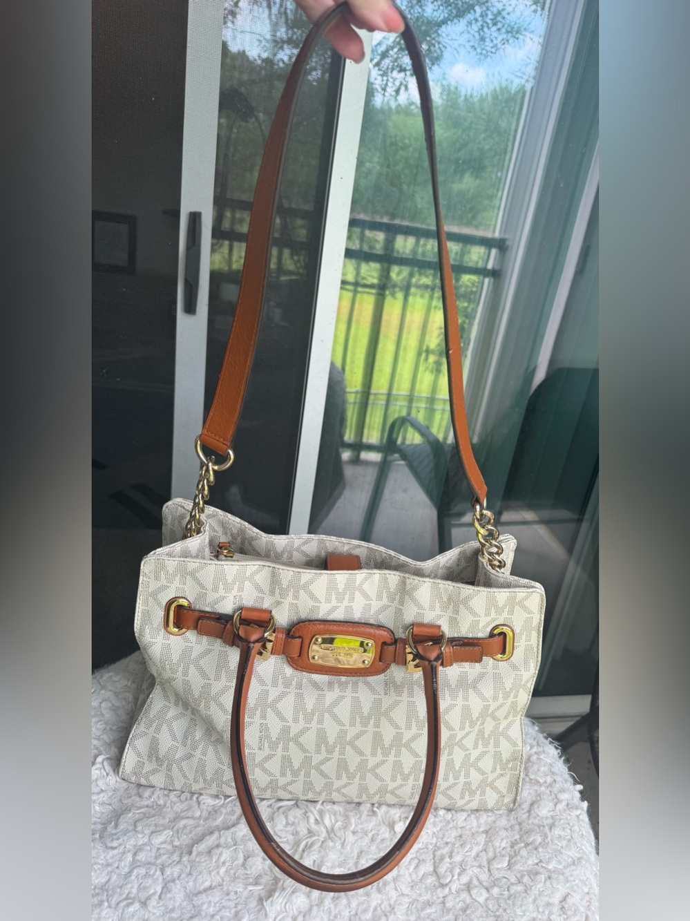 Michael Kors Beige MK Logo Satchel with Brown Leather Trim - Picture 2 of 6